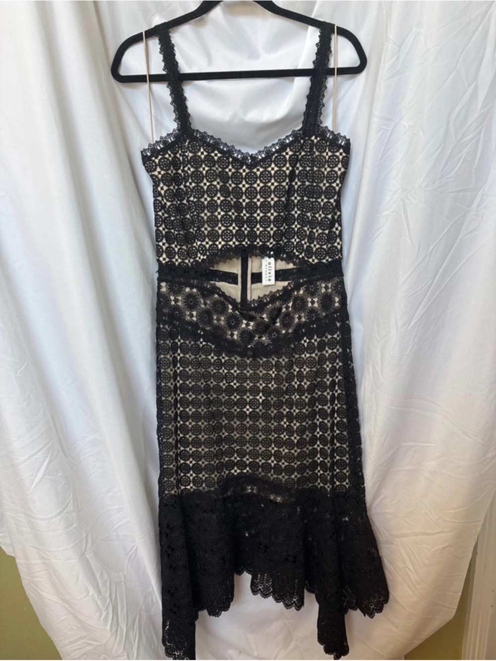 Alice + Olivia Black Lace Overlay Midi Dress with Nude Lining